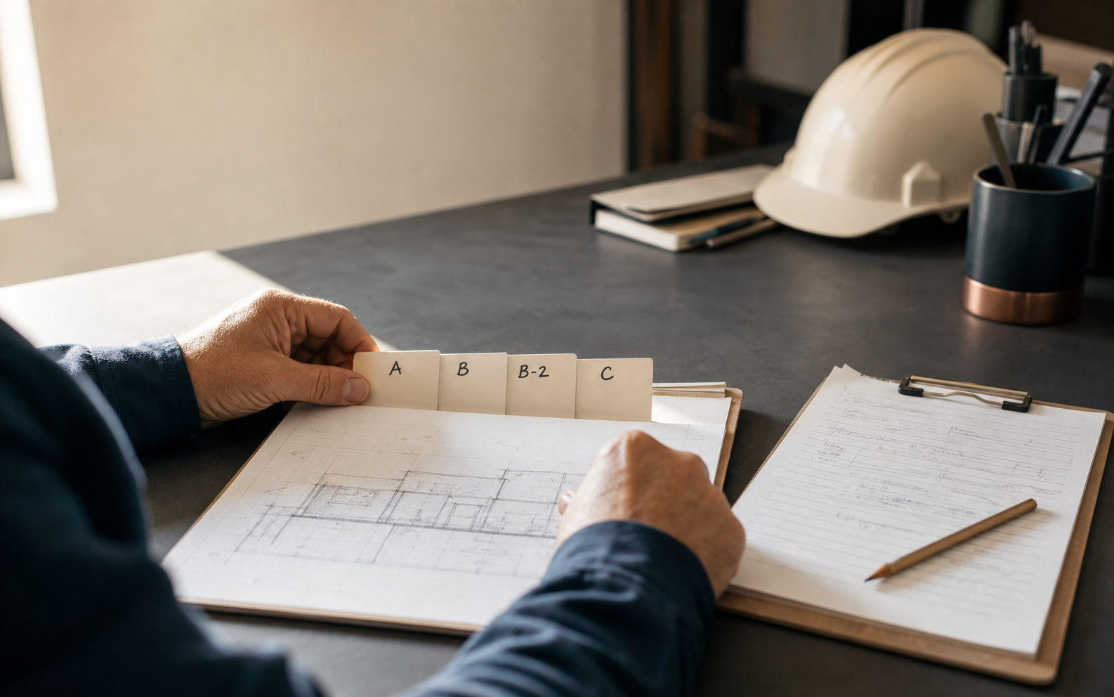 Hands organize generic project-scope and experience notes beside four classification-family cards.