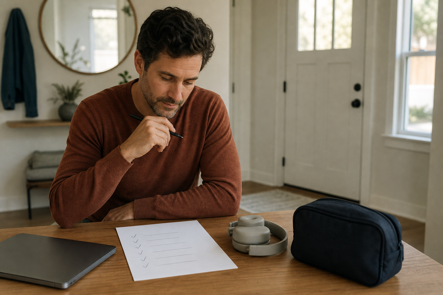 Working adult reviewing a generic source-based exam-day logistics checklist at a quiet desk.