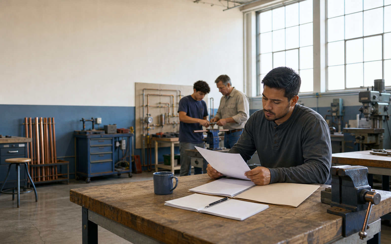 A working adult reviews training notes at a workbench while supervised shop practice takes place in the background.