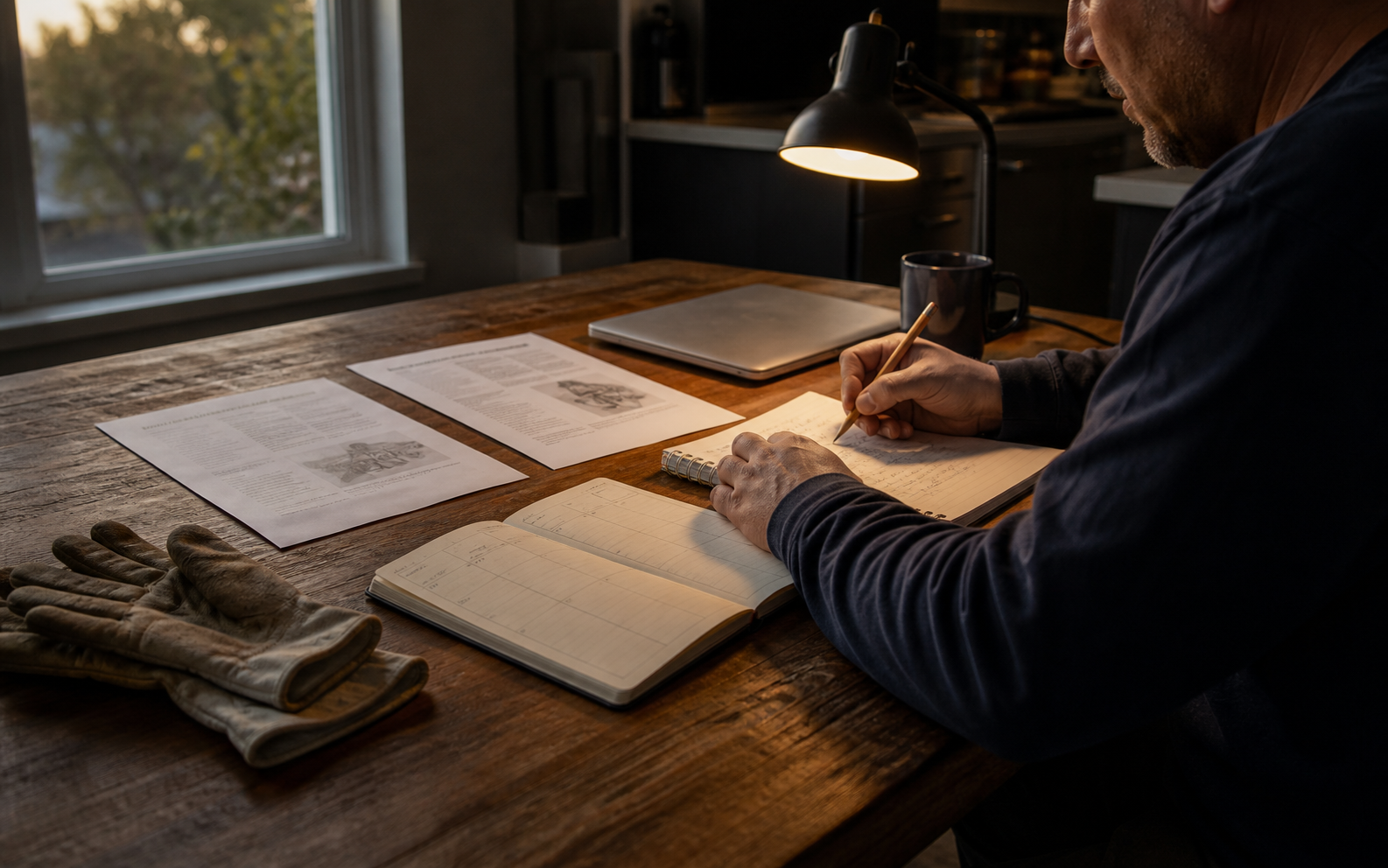 A working contractor organizes study guides, an error log, and a weekly plan at a table after work.