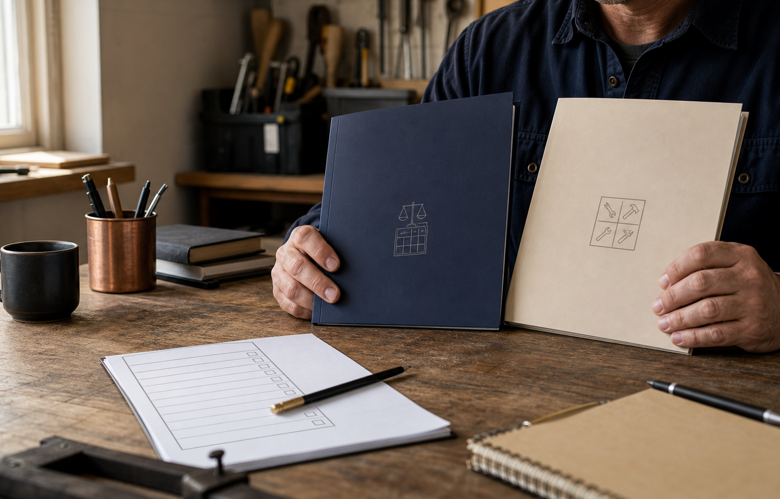 California contractor-license applicant comparing two unbranded study folders beside a generic application checklist, with no readable questions, CSLB logo, provider branding, or claim of approval.