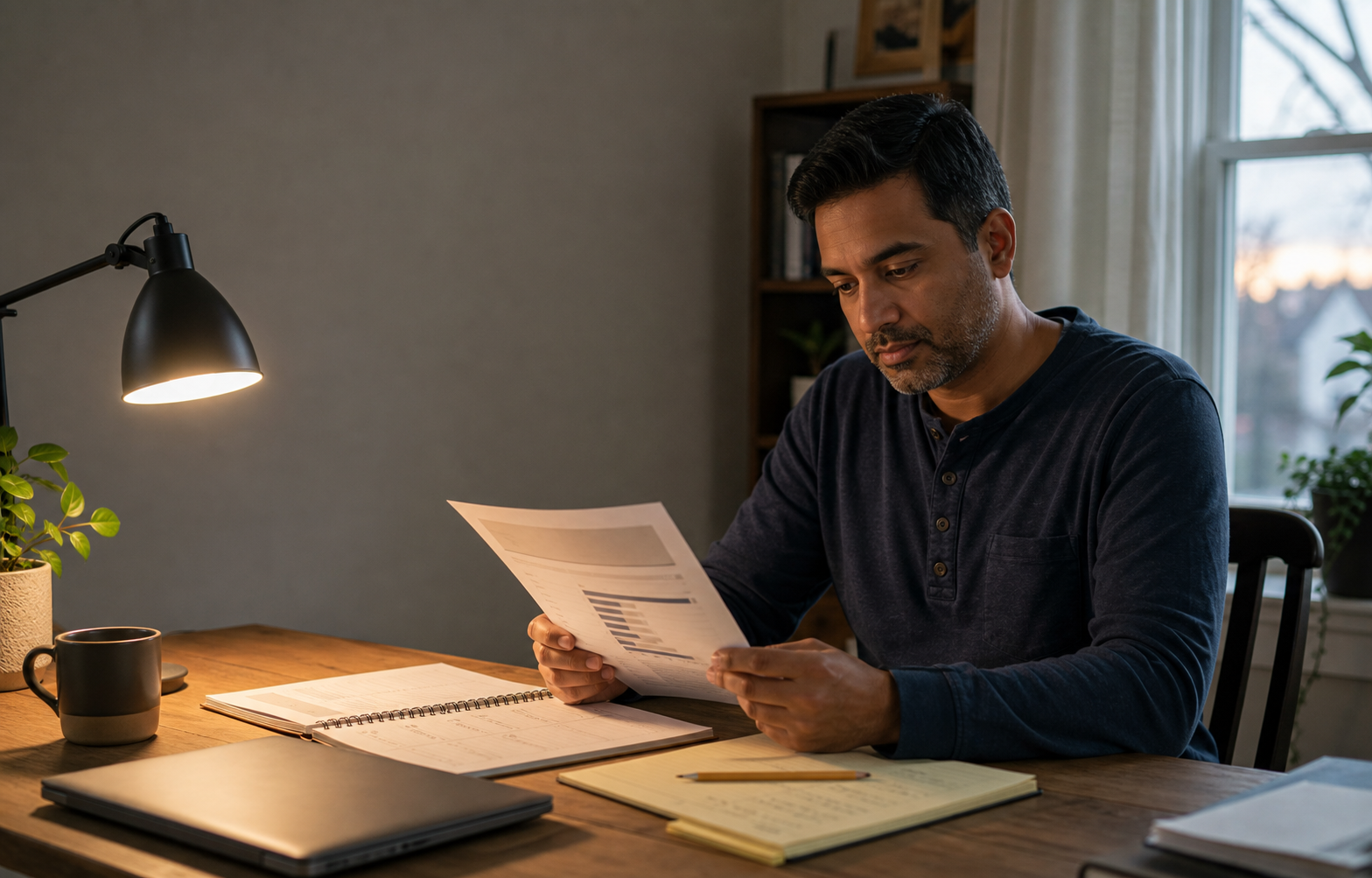Working adult reviewing a generic exam-result letter, a dated policy checklist, and study notes after an unsuccessful attempt.
