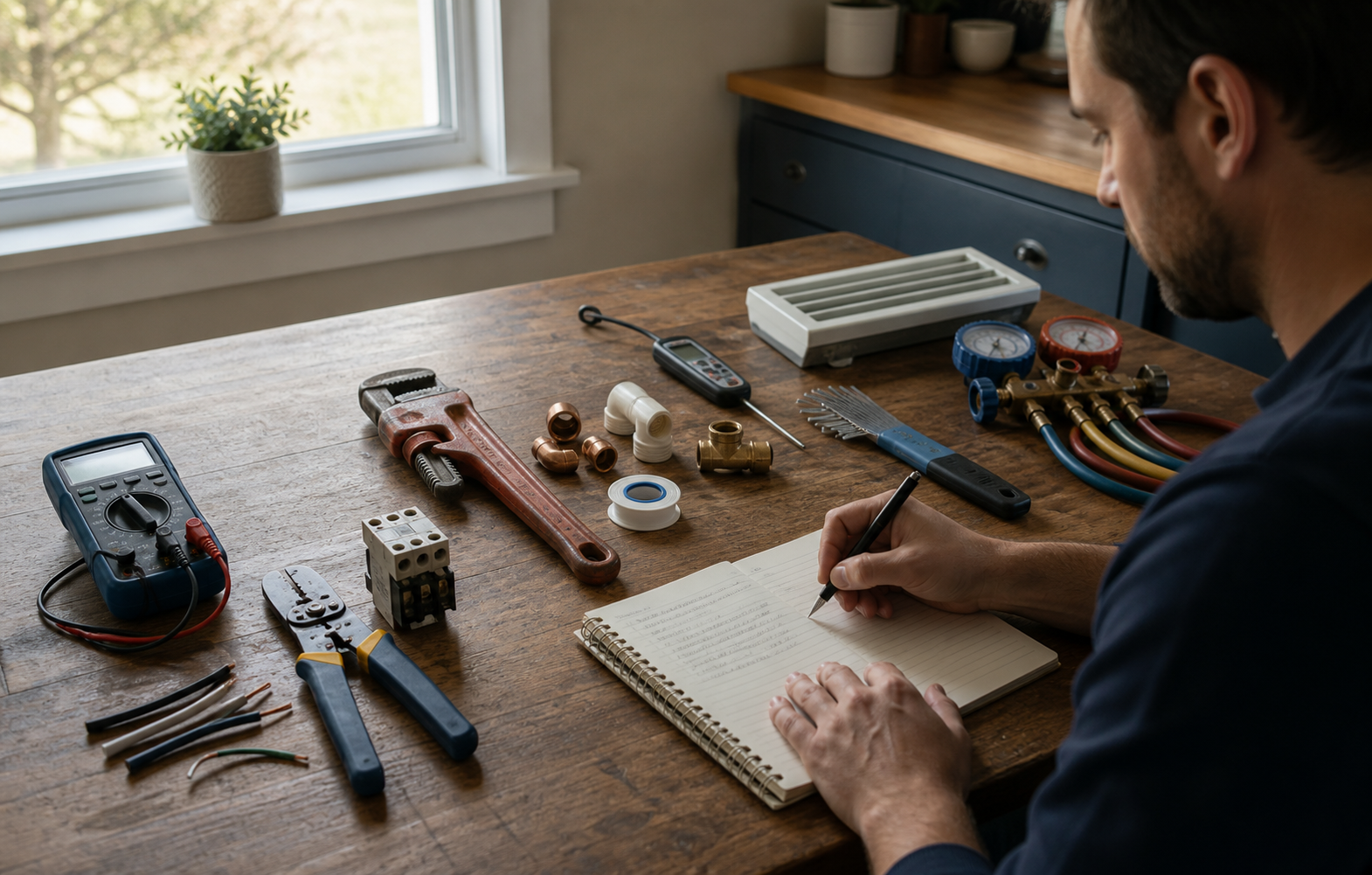 A working adult compares unbranded electrical, plumbing, and HVAC tool groups arranged on one table.