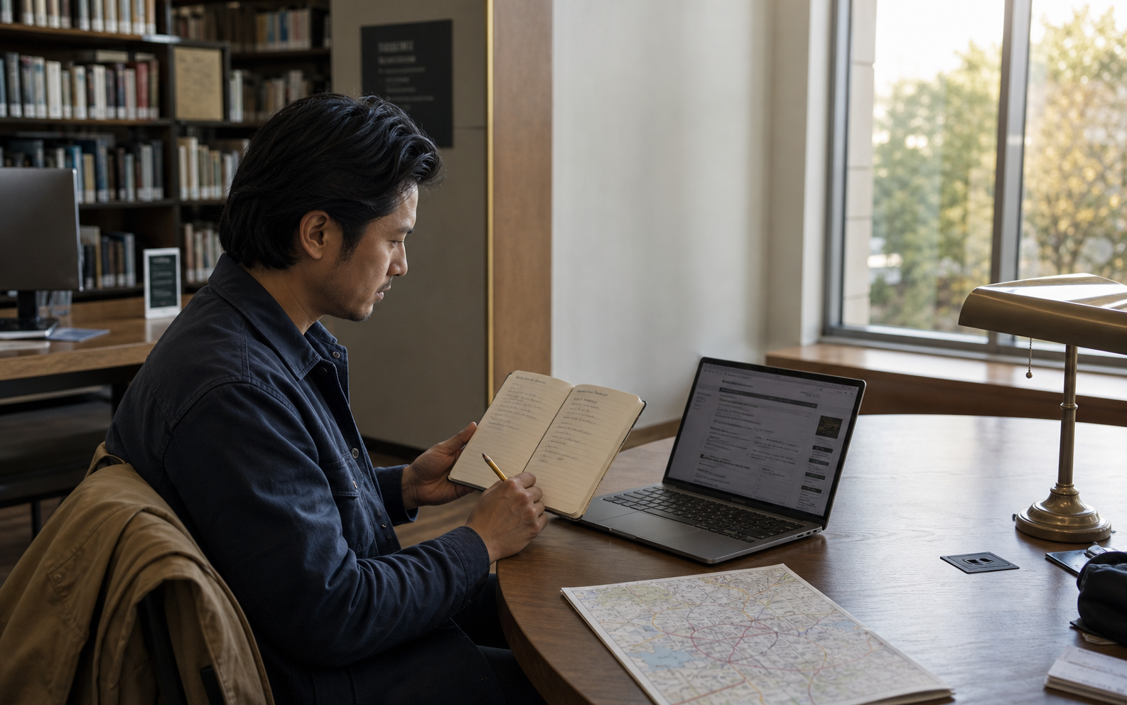 An adult job seeker compares an apprenticeship listing with program-status and personal-fit notes at a library desk.