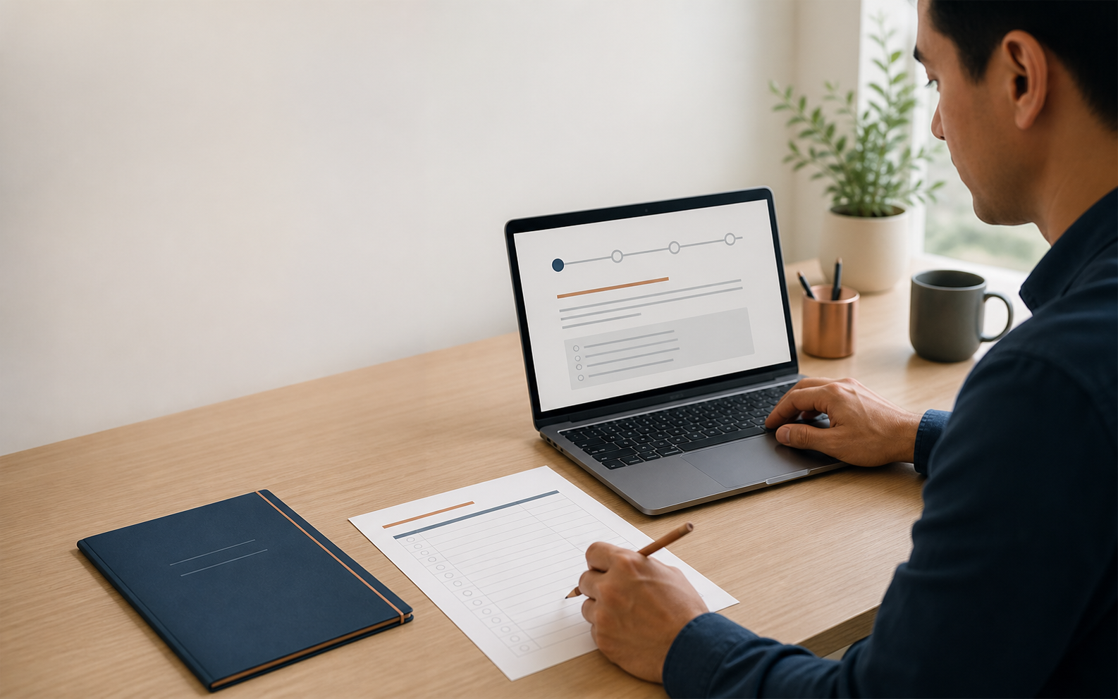 Working adult reviewing a generic exam-program procedure beside a dated request-record checklist with no readable personal, medical, legal, or exam information.