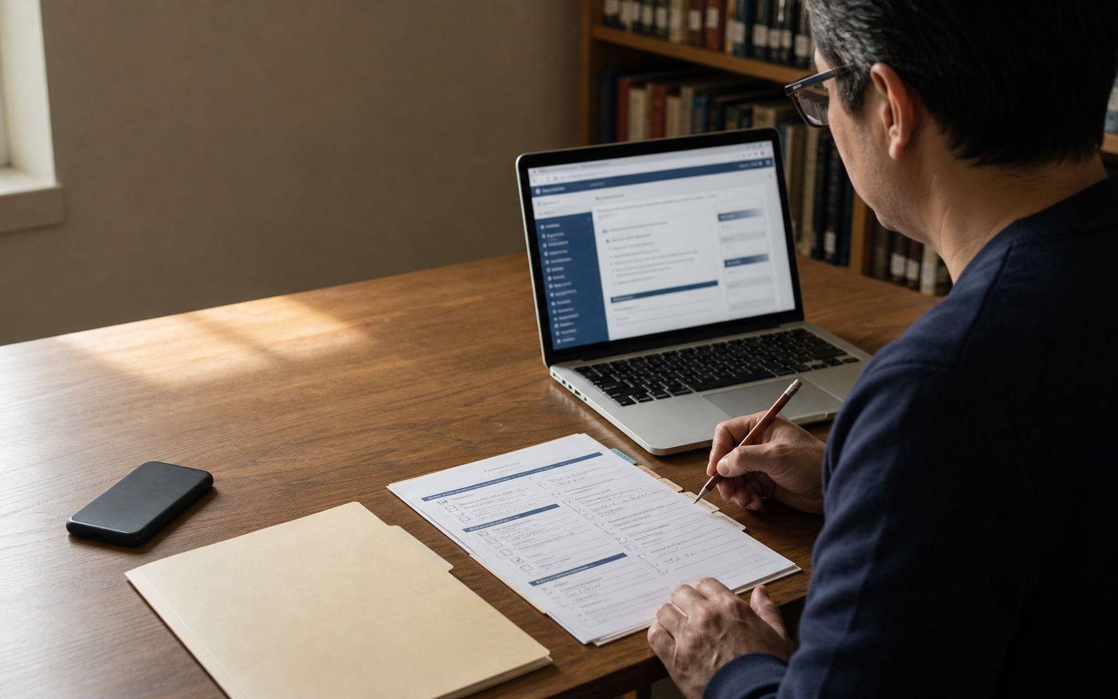 A career changer reviews a license-requirement worksheet beside an official-agency website on a laptop; no screen text or agency logo is readable.