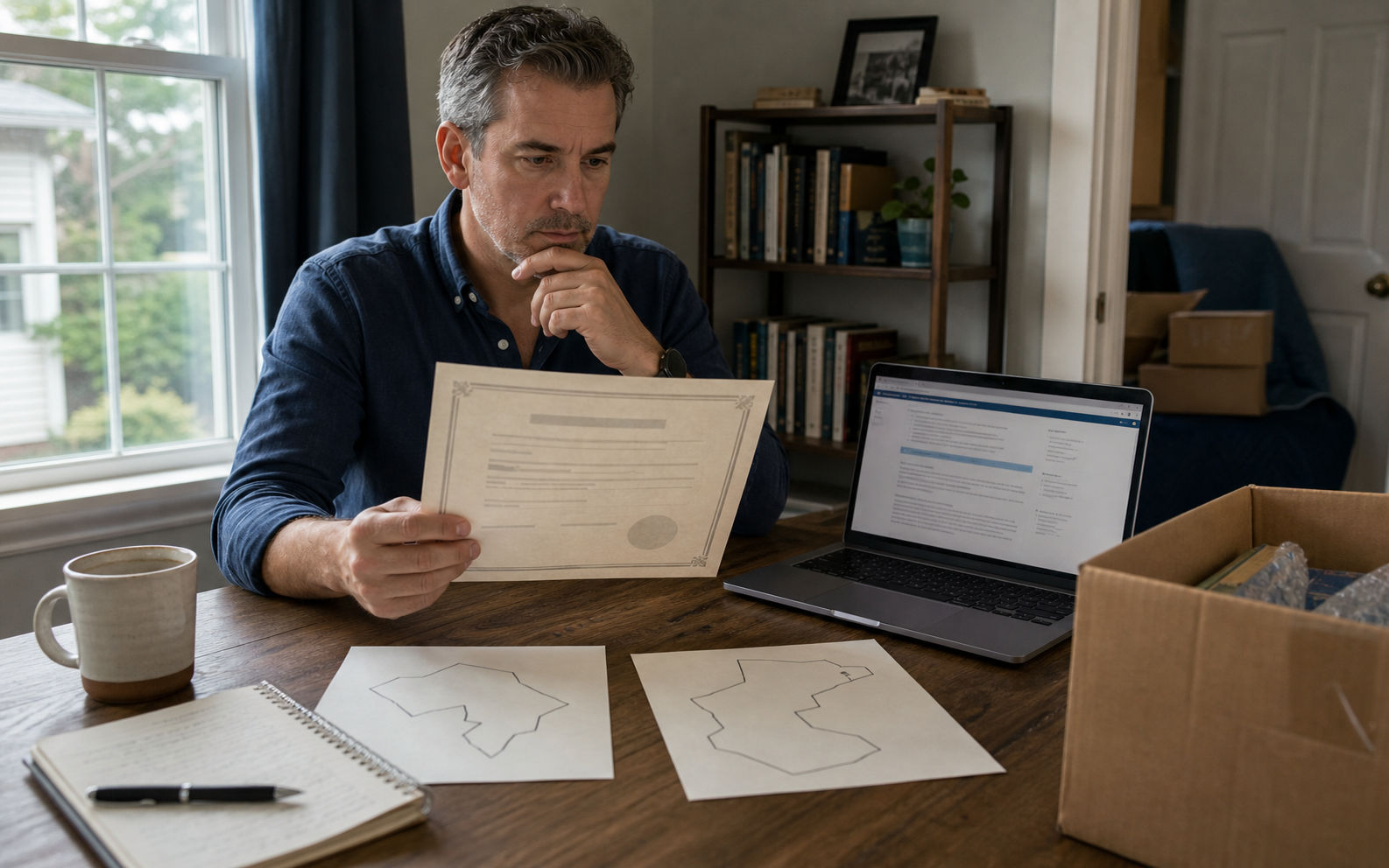 Licensed professional preparing for an interstate move while comparing a generic credential with destination-state research beside a moving box and unlabeled map sheets.